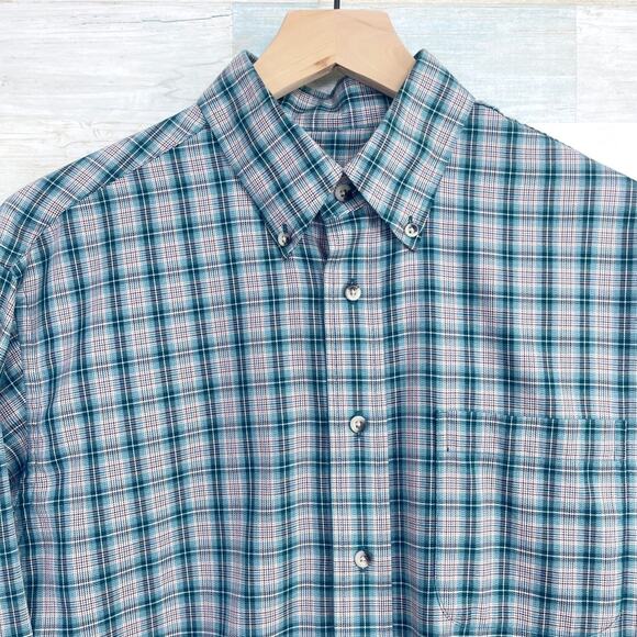 Jos A Bank Travelers Button Down Shirt Green Gray Plaid Cotton Mens Medium - Picture 2 of 5